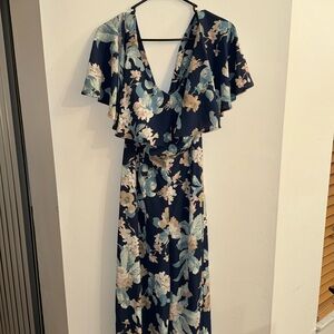 June & Hudson Dark Floral Short Sleeve Cross Back Navy Jumpsuit Size Medium